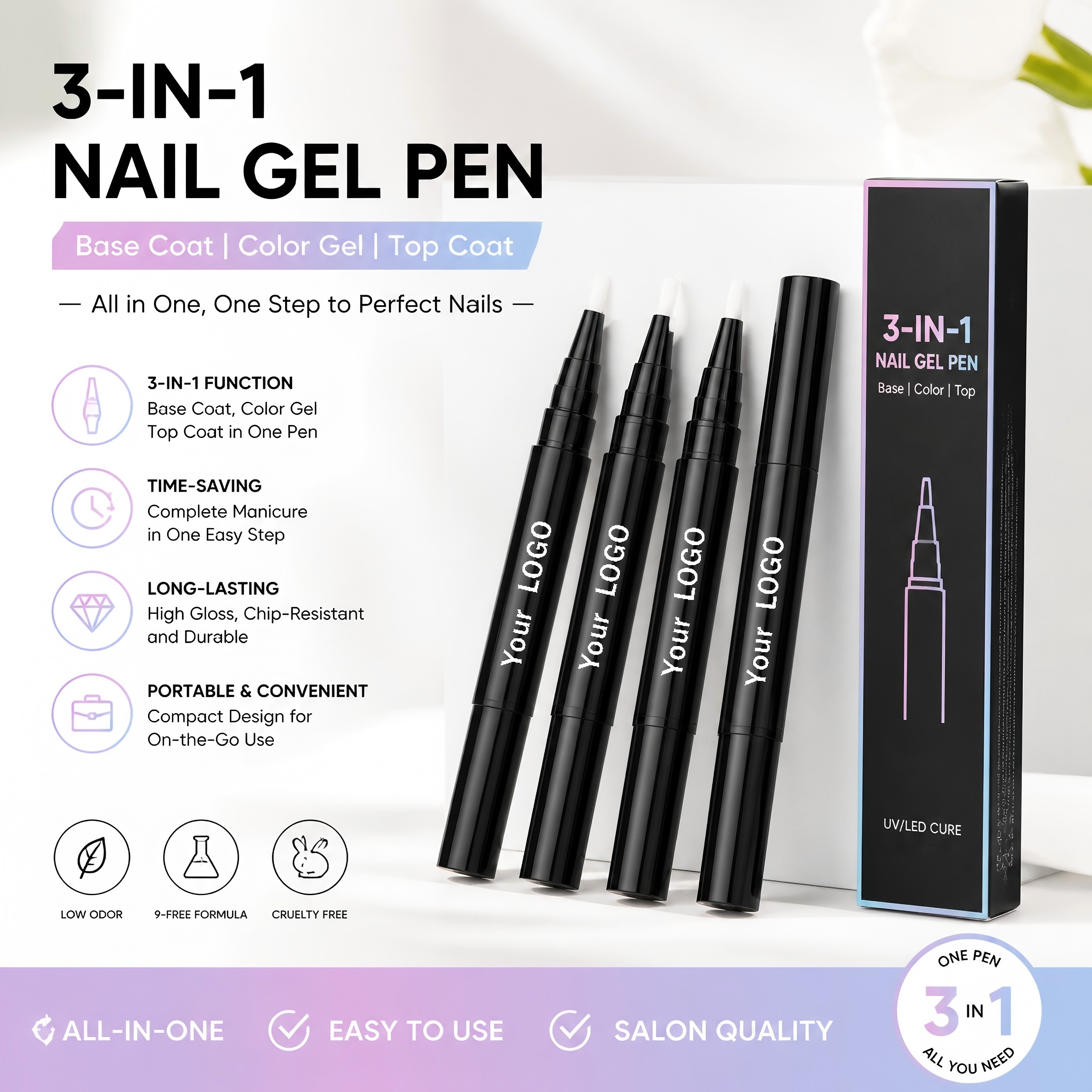 3 IN 1 Nail Gel Pen, One Step Base Color Top Coat Gel Polish Private Label