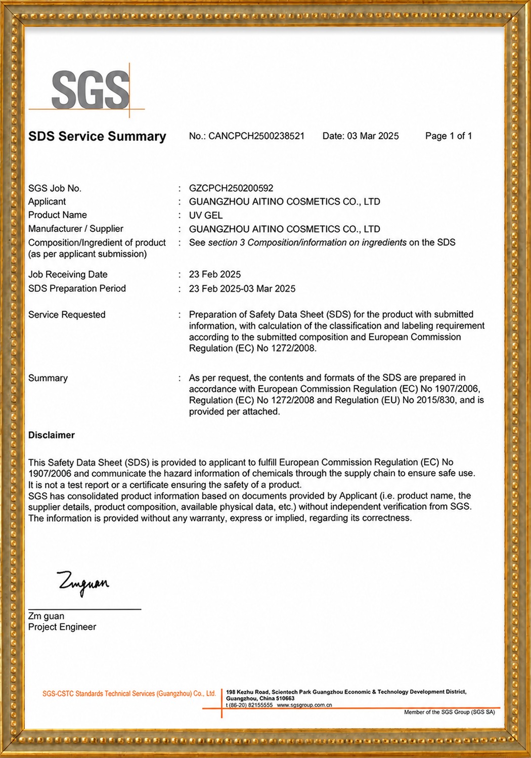 MSDS / SDS certificate for YANSURE gel polish