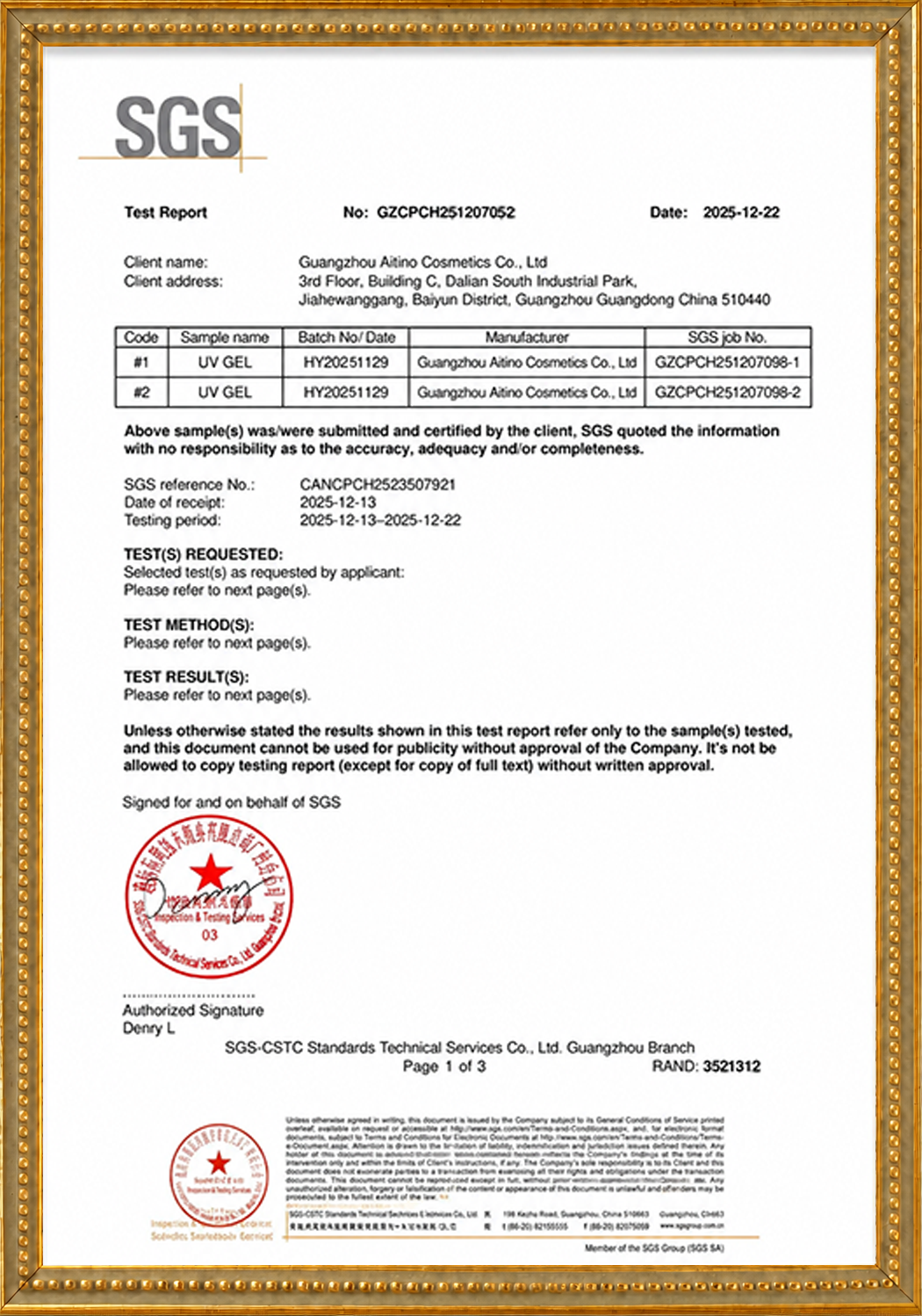 SGS Test Report certificate for YANSURE gel polish