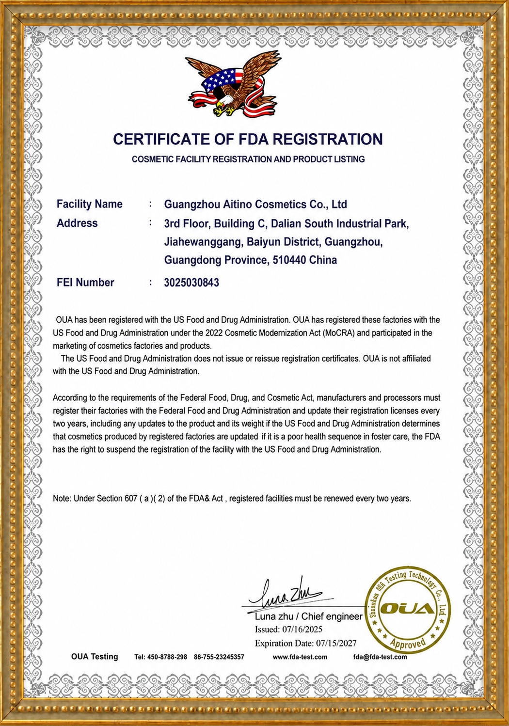 FDA Registration certificate for YANSURE gel polish